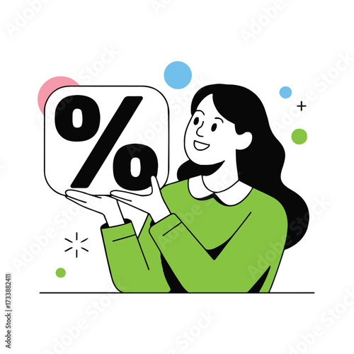 Vector art of a woman in green is holding a percentage sign, showcasing a discount or special offer, the scene is clean and modern