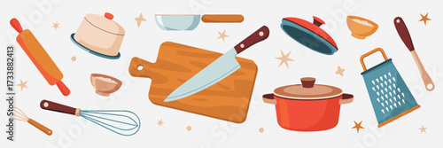 Assorted kitchen utensils and cookware arranged on a light background cooking rolling