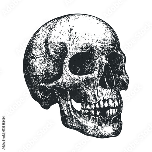 Detailed illustration of a human skull for educational purposes. Vector hand drawn illustration

