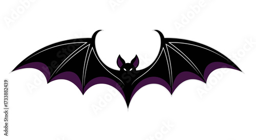 A stylized graphic illustration of a black and purple bat with its wings spread wide, isolated on a white background.