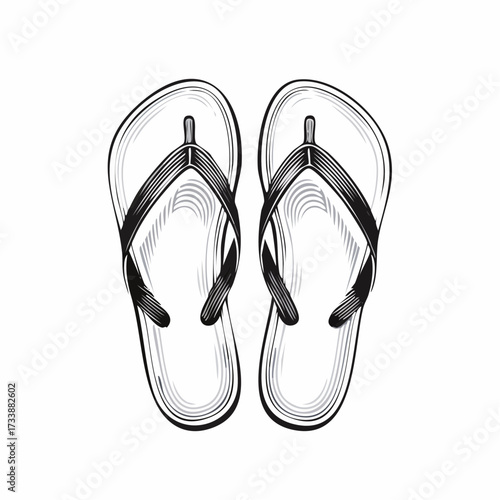 Illustration of a pair of flip-flops with black straps on a white background.