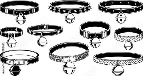 collection of black collars with pendant bells on a white background