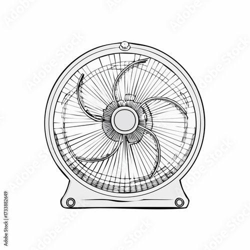 Detailed black and white line drawing of a vintage electric box fan with visible blades and a protective grill.