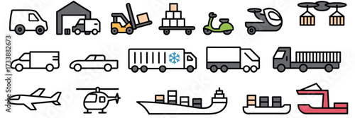 Collection of flat design icons for various transportation and logistics vehicles