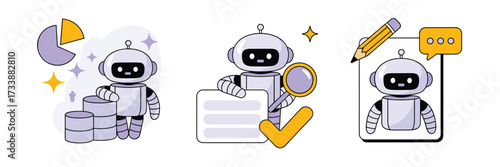 Cute robot illustrations showing data analysis communication and task completion