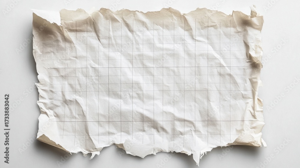 Obraz premium A crumpled piece of graph paper with torn edges on a white surface in a studio shot overhead view
