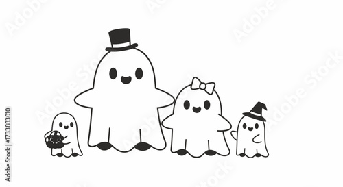 A charming black and white line drawing of a cute ghost family celebrating Halloween together.