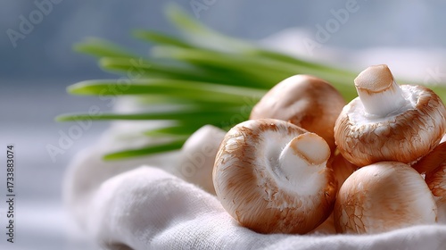 Fresh raw champignon mushrooms cooking ingredients healthy vegan food still life. Macro shot of organic whole button mushrooms with green onion and cotton cloth.