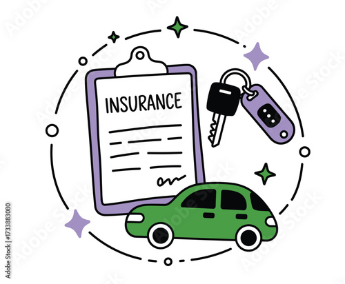Green car insurance document keys and purple stars on white background vector