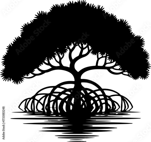 Graphic silhouette of a mangrove tree, intricate roots in water, symbolizing nature's resilience and unique coastal ecosystems