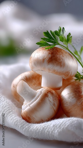 Macro fresh champignon mushroom close up parsley cooking ingredient healthy food. Raw whole button mushrooms with herbs on white textile