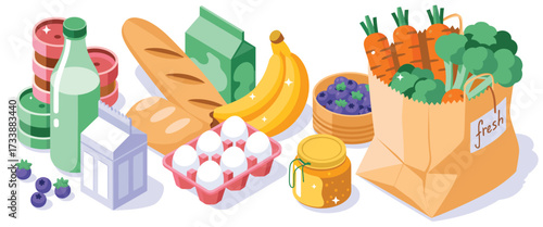 Isometric illustration of groceries including bread bananas eggs blueberries and vegetables