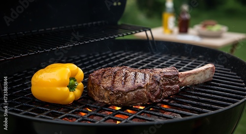 Fototapeta Naklejka Na Ścianę i Meble -  Grilled steak and yellow pepper on a charcoal grill outdoor cooking scene