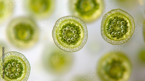 Microscopic view of green, spherical cellular structures with internal details
