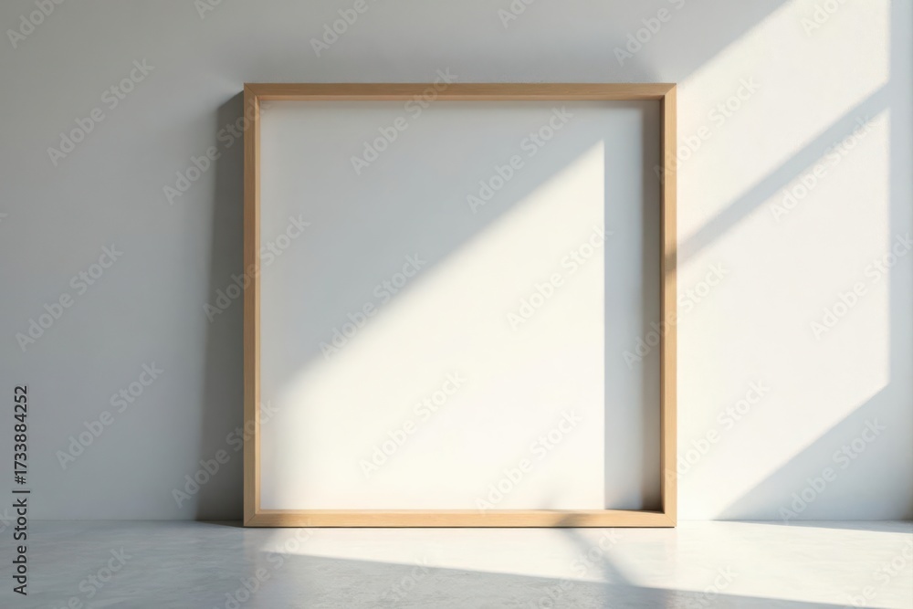 Fototapeta premium Empty square frame against sunlit concrete wall Minimalist art presentation , clean, concrete