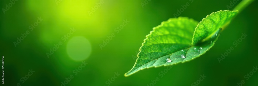 Fototapeta premium Emerald leaf, glistening dew, sunlight illuminating freshness , texture, image