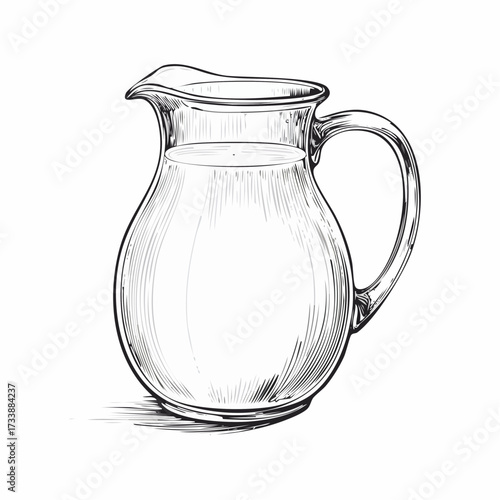 Hand-drawn sketch of a clear glass pitcher filled with milk or water, featuring a handle and spout, on a white background.