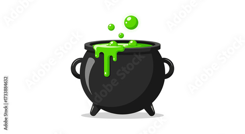 A black cartoon cauldron filled with bubbling green liquid, with drops spilling over the rim and floating bubbles above, on a white background.