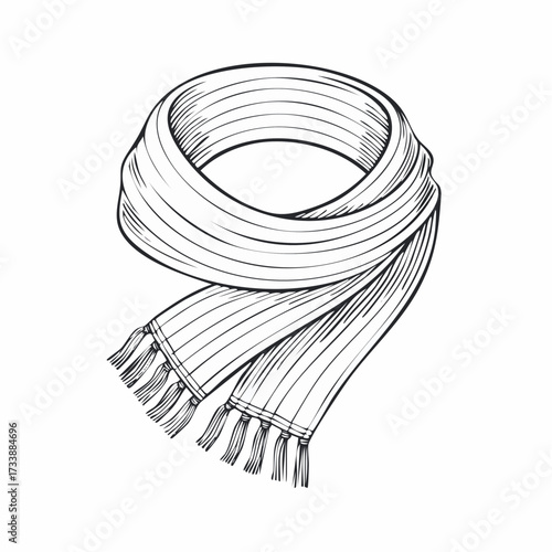 Hand-drawn sketch of a warm winter scarf with fringes, a classic fashion accessory illustration.