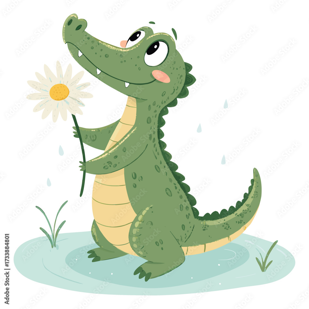 Fototapeta premium A cute cartoon alligator holding a daisy in the rain.