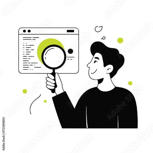 Vector art of a man examining code on a website with a magnifying glass he is smiling and looking at the code, debugging the system