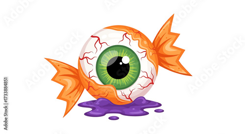 Halloween candy eyeball with orange wrapper and purple goo.