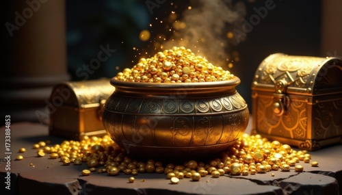 Overflowing gold pot amidst jeweled chests, ancient artifacts, prosperity, treasure, macro