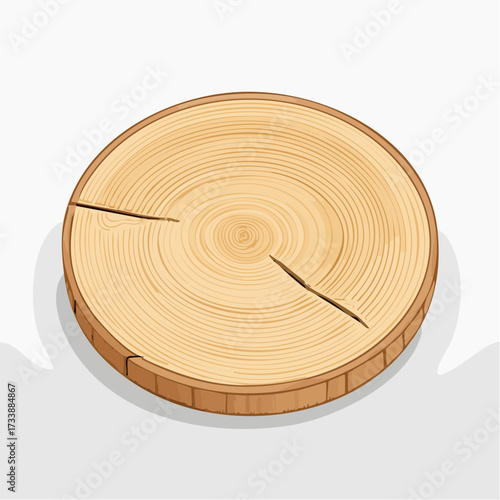 A detailed vector illustration of a round wood slice with annual growth rings and cracks.