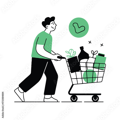 Vector art of a man is pushing a shopping cart full of groceries, he is wearing a green shirt and black pants, and he is smiling happily