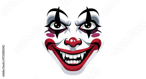 Vector illustration of a scary, evil clown face with sharp vampire fangs and a menacing grin.