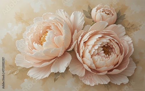 Ivory Peony Symphony with Blush Veins and Misty Background