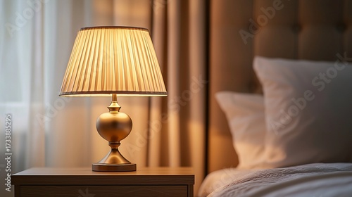 Lit lamp on nightstand with bed and drapes in soft focus, creating a warm, inviting space