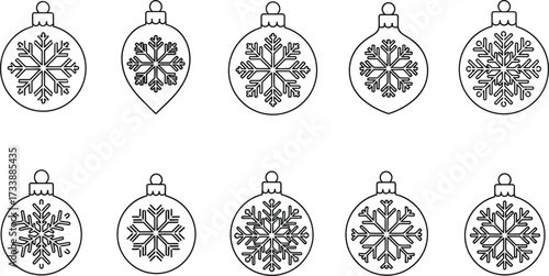 Collection of ten hand-drawn Christmas ornaments with snowflake designs
