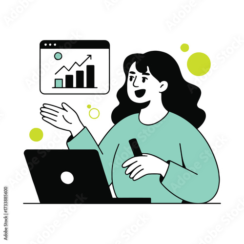 Vector art of a woman is presenting a business chart on a laptop, the woman is wearing a green shirt and has black hair the chart shows an upward trend