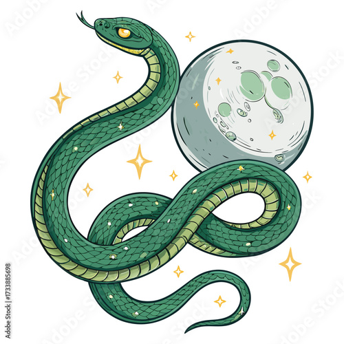A green snake is coiled around a moon with stars shining.