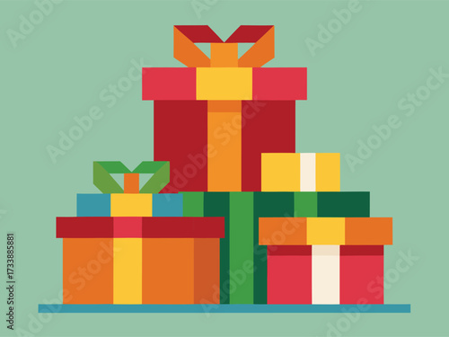 Stack of colorful gift boxes with ribbons and bows on a teal background