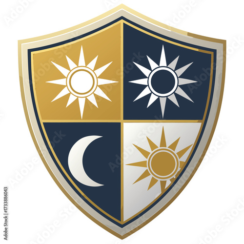 A shield crest with sun and moon symbols in quarters.