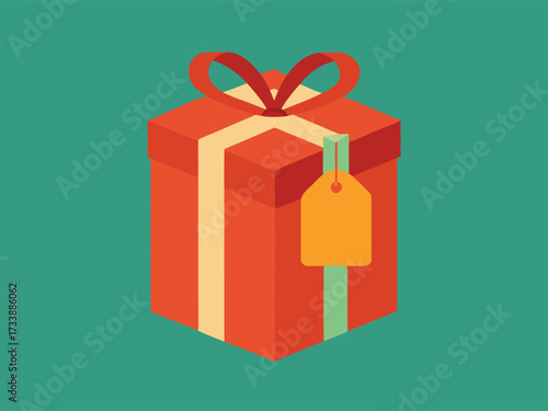 Single red gift box with a yellow tag and red ribbon, isometric view