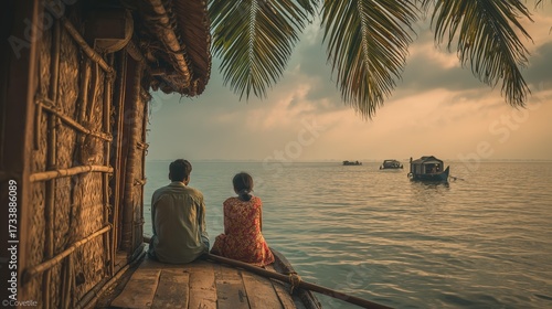 A couple sitting on a boat, gazing at the serene water under palm trees, enjoying a peaceful sunset view.