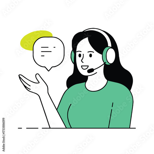 Vector art of a woman with a headset and microphone provides customer service, this illustration represents online support and communication