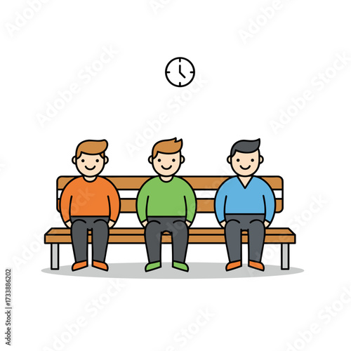 Minimal illustration of people sitting on bench with clock