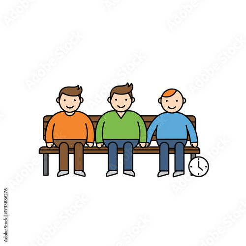 Cartoon people sitting on park bench with clock