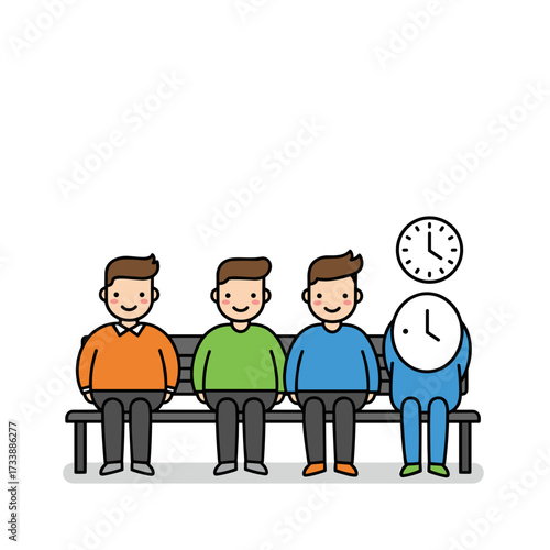 Group of cartoon people sitting with clock illustration
