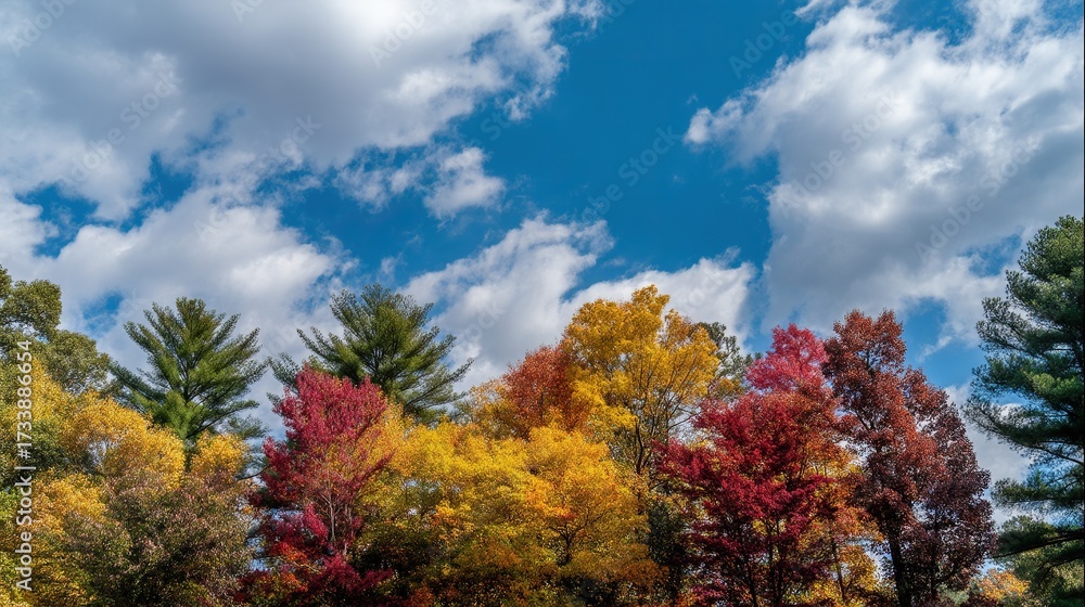 Naklejka premium The colorful autumn trees under the blue sky showcase the beauty and diversity of the autumn landscape, displaying the transition of leaves from green to red, yellow, orange, pink, and deep purple.