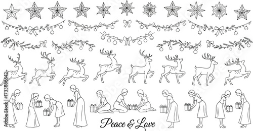 Christmas sketch set with stars, garland, reindeer, and magi