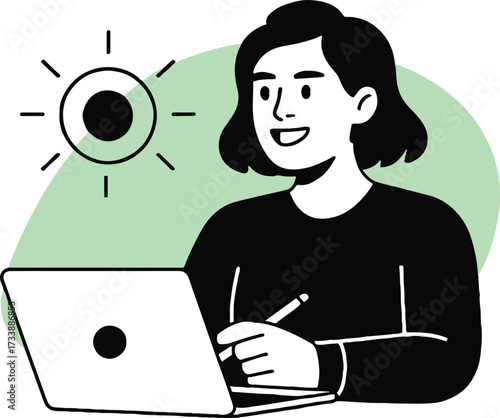 Vector art of a cheerful woman is working on her laptop with a pen in hand, radiating positivity and productivity, its a bright, sunny day
