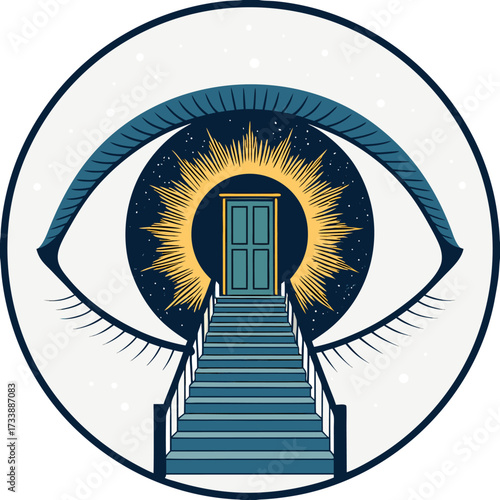 An eye containing a starry sky with a doorway and steps.