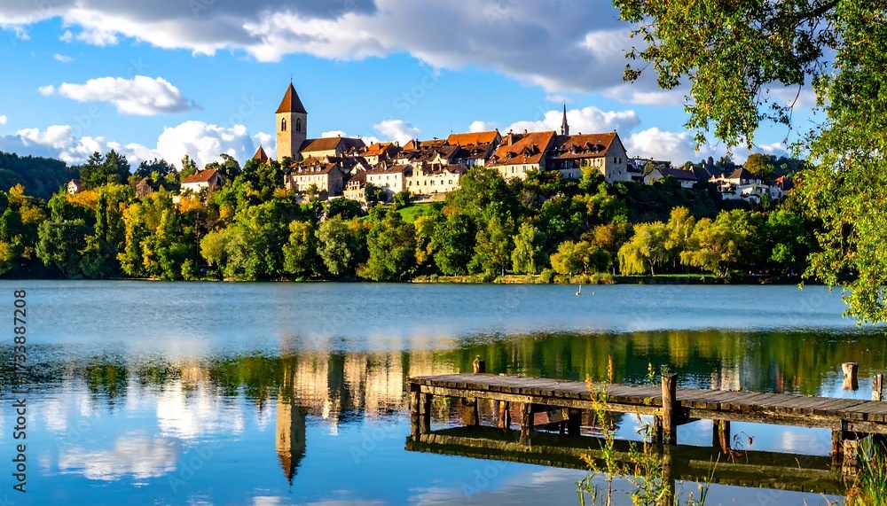 Fototapeta premium Picturesque lake town reflected in calm water