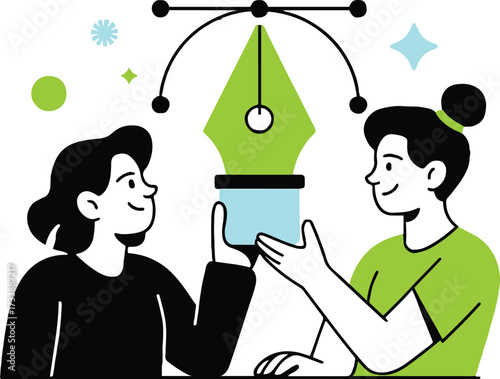 Vector art of two designers collaborate on a creative project, holding a pen tool, symbolizing innovation and design thinking, its a creative process