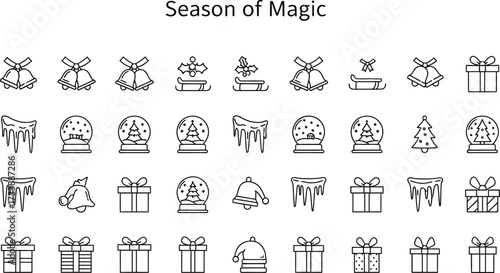 Season of magic line art icons for Christmas designs and decoration